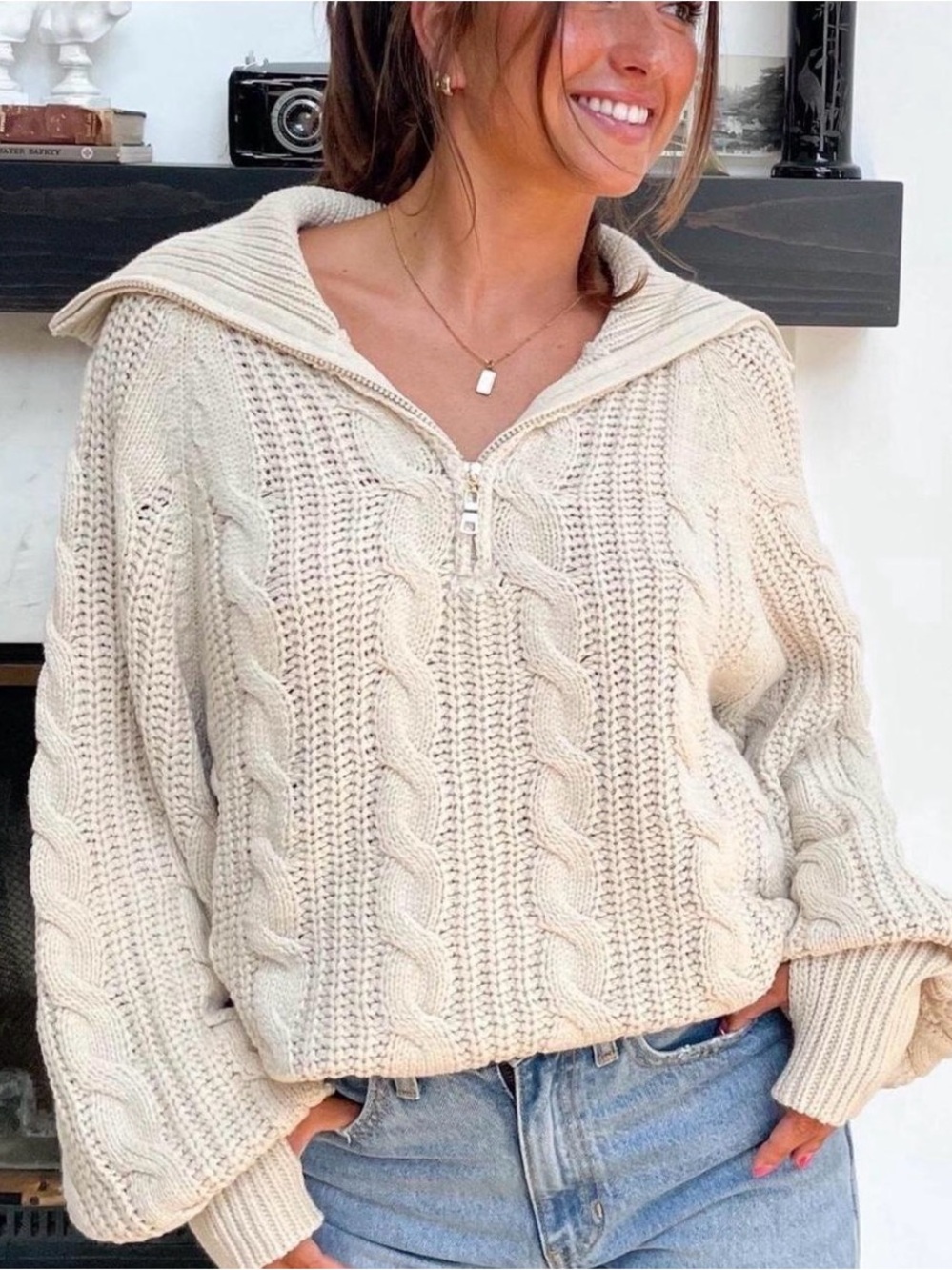Grey Bandit Cream Cable-Knit Half-Zip Sweater